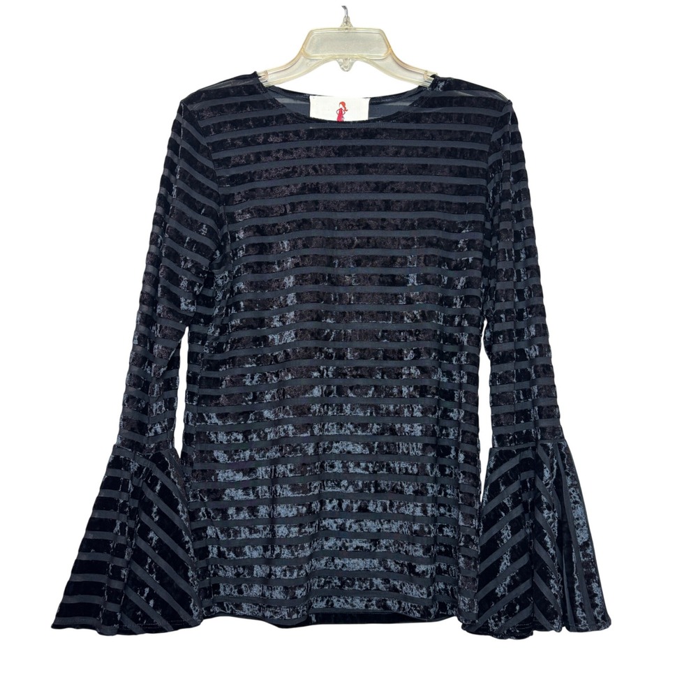 Boho Jane Bell Sleeve Top Womens Medium‎ Black Striped Burnout Velvet Whimsigoth
